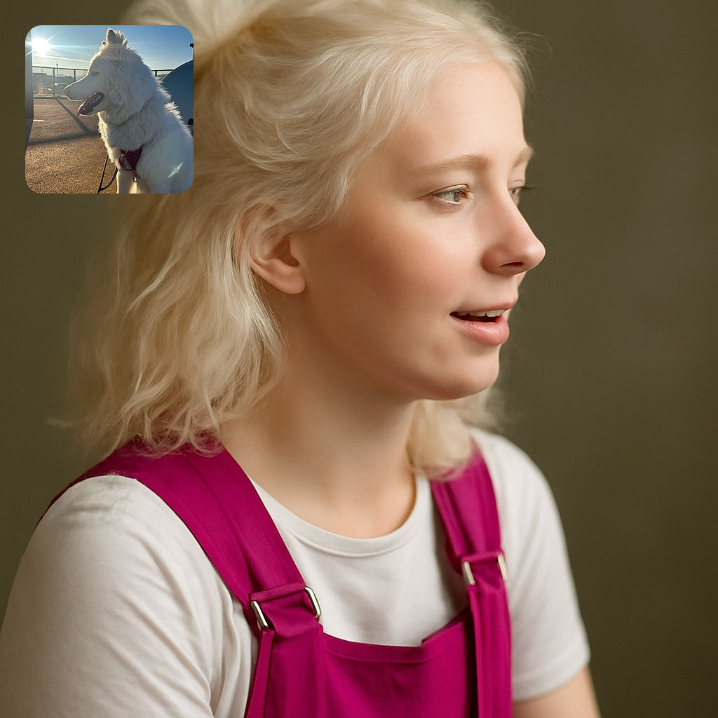 A fluffy white dog with a pink harness sits patiently on a sunlit pavement, basking in the golden hour glow with the sun shining brightly in the clear blue sky behind it.