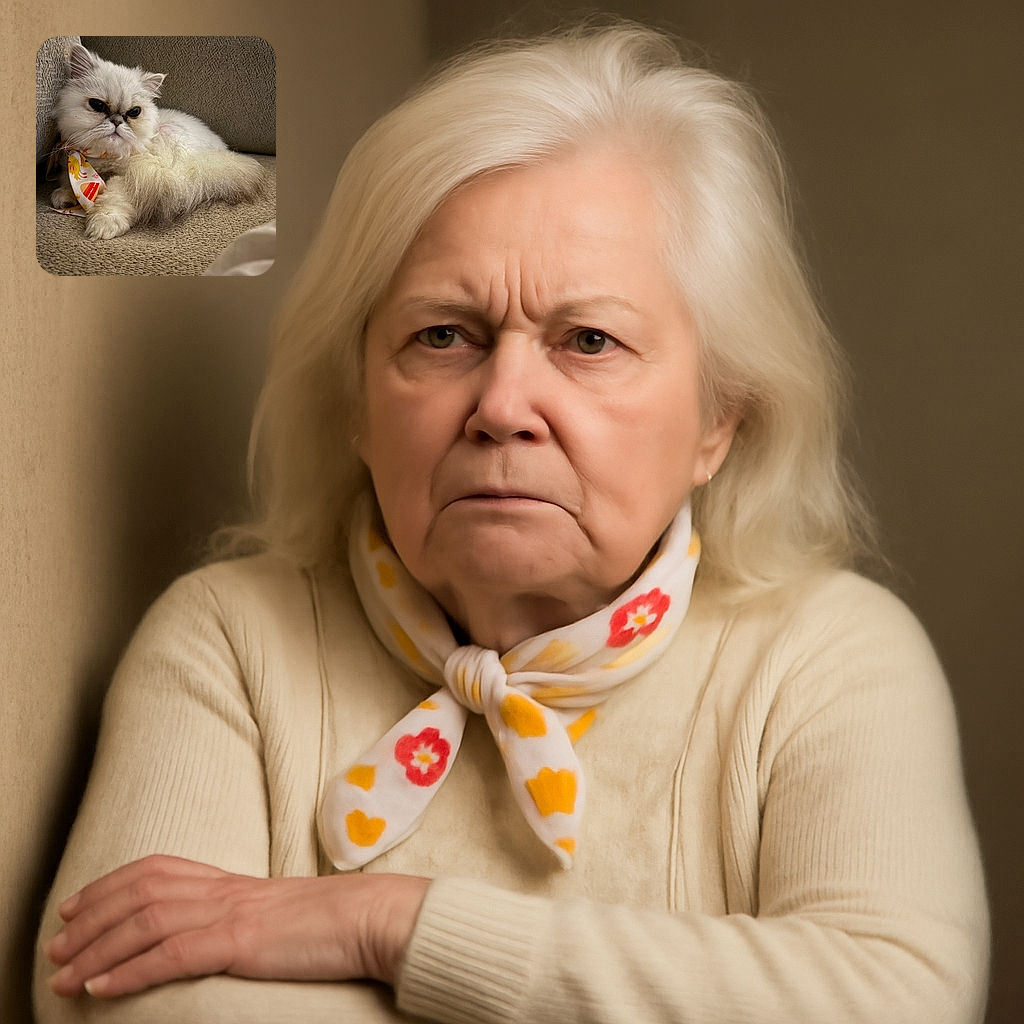 A fluffy white cat with a slightly grumpy expression lounges on a textured beige couch, sporting a colorful bandana with playful patterns, looking like it just woke up from a serious nap and is judging your life choices.