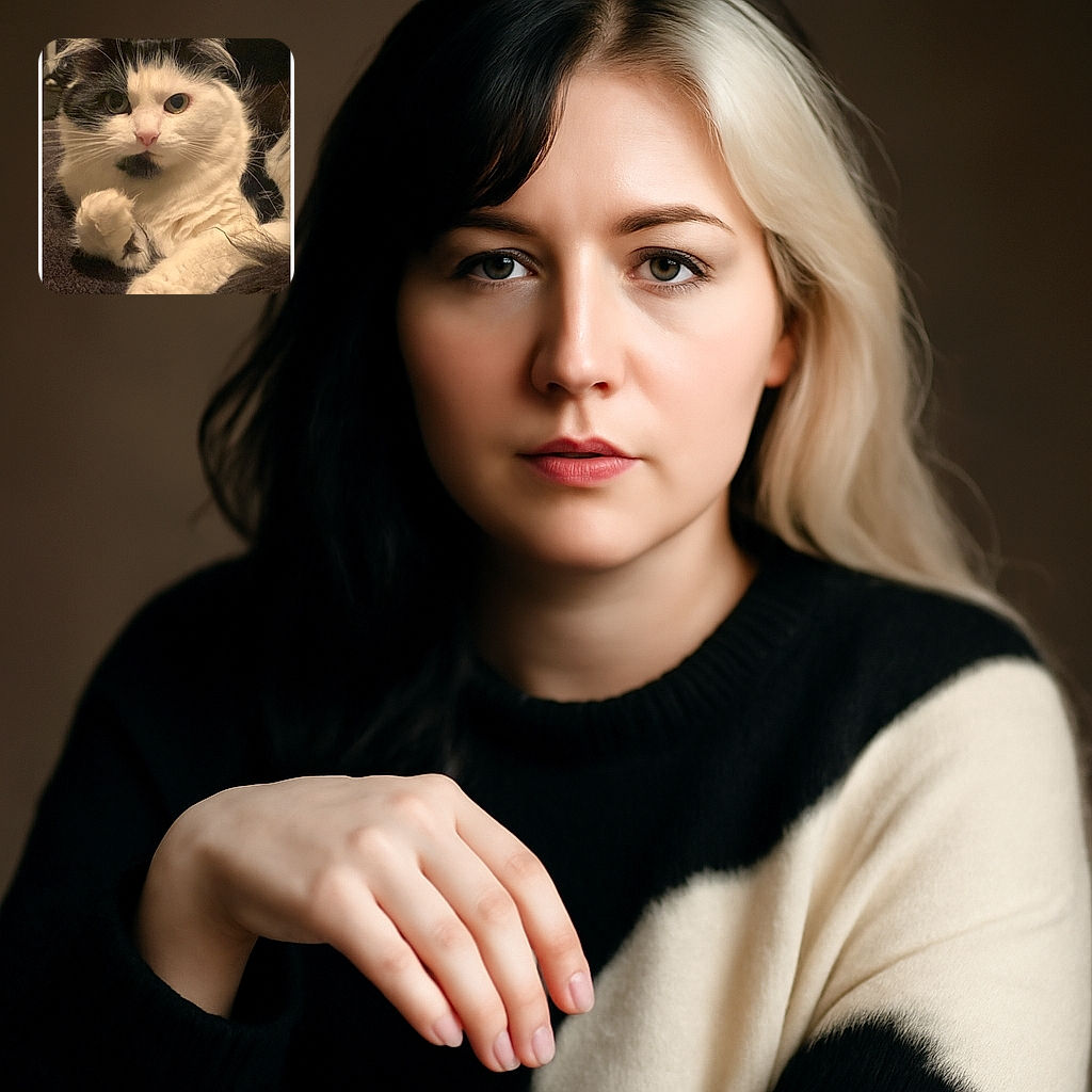 A fluffy white and black cat lounges comfortably, staring intently at the camera with wide eyes and a slightly raised paw, as if ready to pounce or wave hello.
