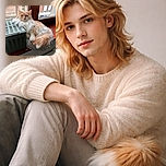 A majestic fluffy cat lounges comfortably on a cozy round cushion by the window, its luxurious fur glowing softly in the natural light, with an urban brick building visible outside.