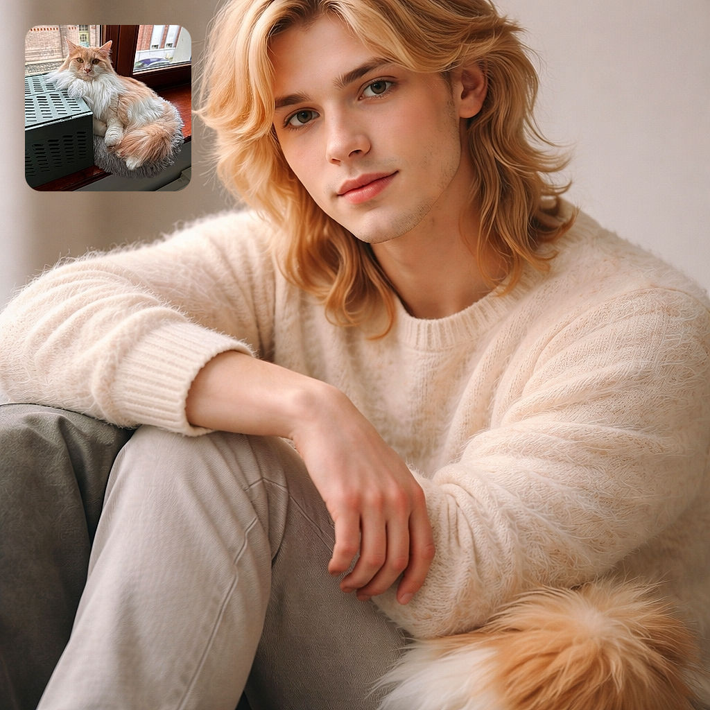 A majestic fluffy cat lounges comfortably on a cozy round cushion by the window, its luxurious fur glowing softly in the natural light, with an urban brick building visible outside.