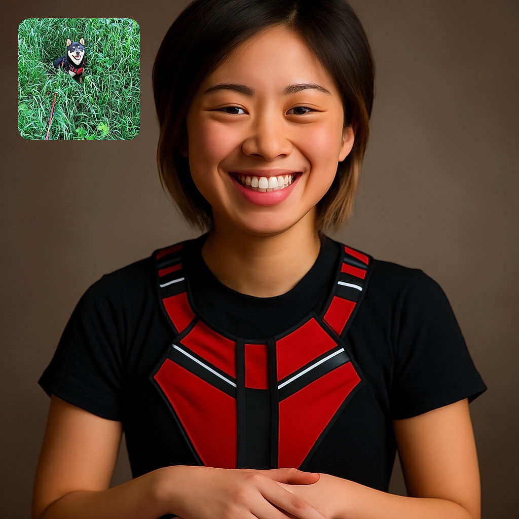A happy black and tan Shiba Inu dog is sitting cheerfully in the middle of tall green grass, wearing a bright red harness and leash, looking like the king of the jungle gym.