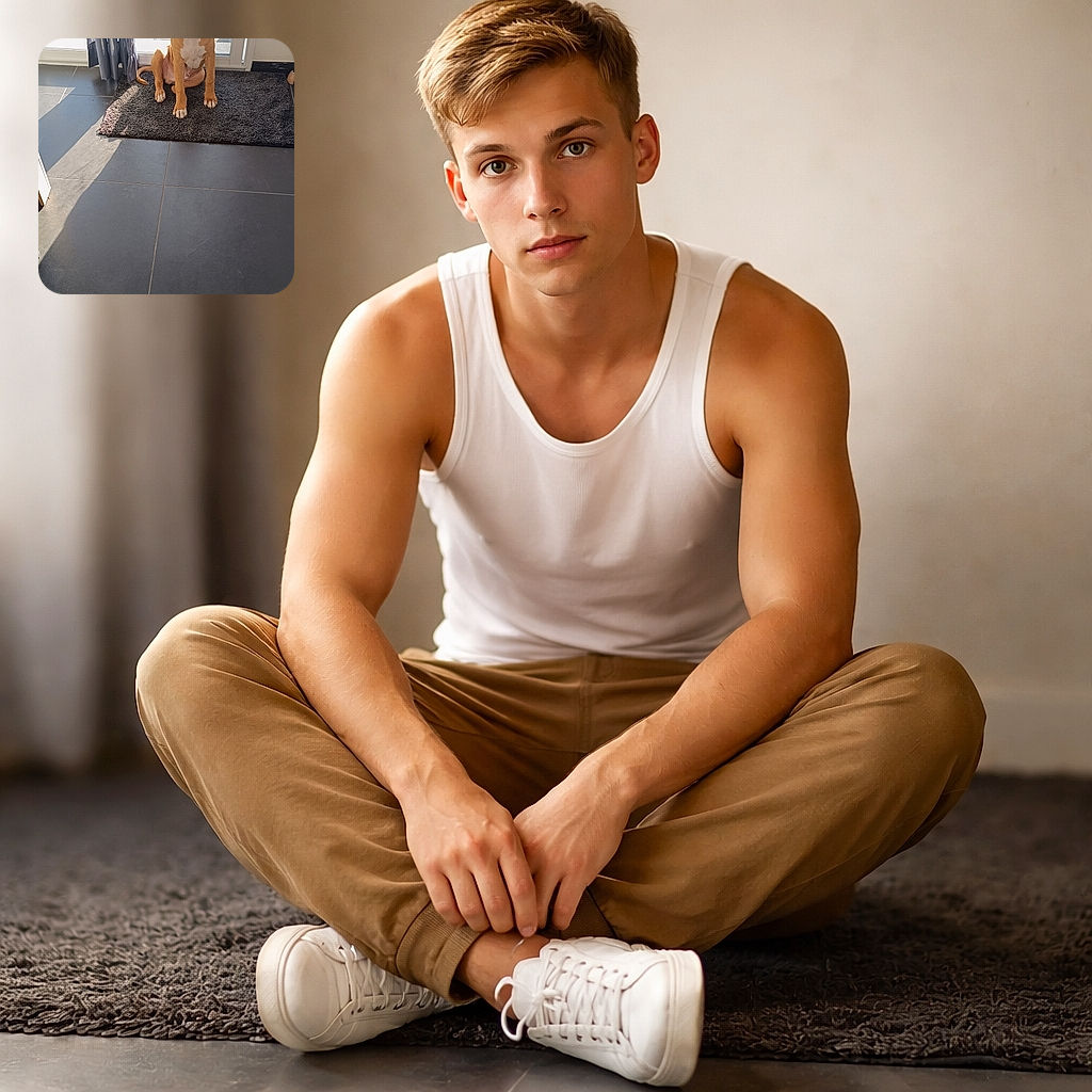 A wide-eyed young dog sits like a respectable doormat inspector in front of a bright glass door, sun casting a dramatic shadow across the tiled floor while a curtain flutters to one side — looks half-concerned, half-ready-for-treats.