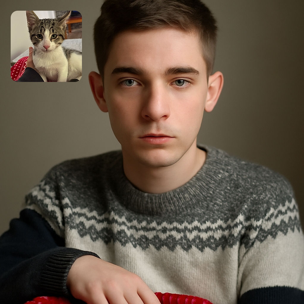 A close-up photo of a cute tabby and white kitten sitting on a red patterned blanket, with a hand gently holding it, and a blurred background featuring a TV and a wall with stone-like texture.