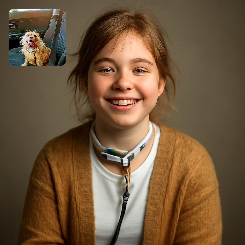 A scruffy, happy dog with its tongue out sits eagerly on a car seat, looking like it's ready for an adventure or just a joyride. The sunlight filters through the car window, highlighting its fluffy fur and cheerful expression.
