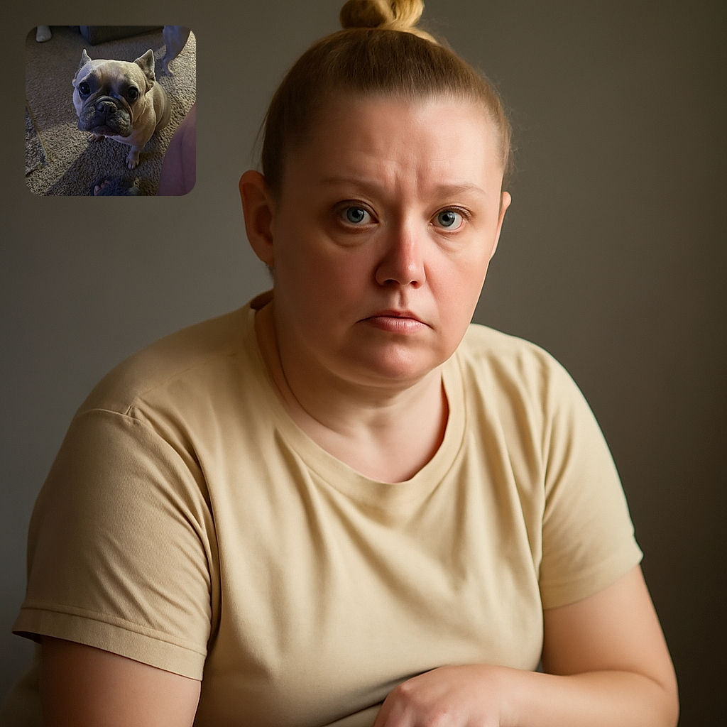 A curious French Bulldog stares directly into the camera with big, soulful eyes while sitting on a textured carpet. The cozy indoor setting includes a person's foot in a fuzzy slipper and a hint of another dog in the background, creating a warm, homey vibe.