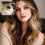 A fluffy cat with striking blue eyes stares curiously at the camera, sitting comfortably on a chunky knitted blanket with a cozy indoor background.