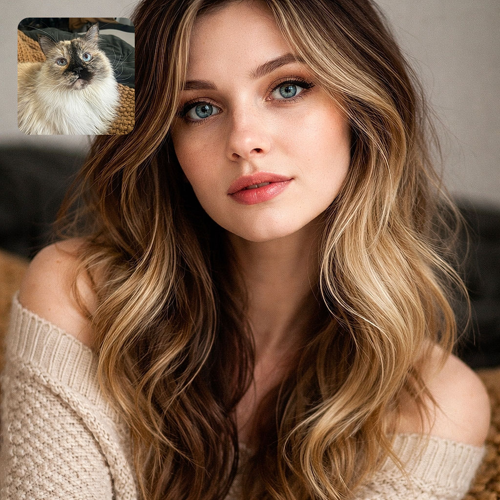 A fluffy cat with striking blue eyes stares curiously at the camera, sitting comfortably on a chunky knitted blanket with a cozy indoor background.