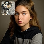 An adorable fluffy puppy with striking blue eyes gazes off to the side, wearing a black harness and leash, standing on a textured pavement background with a soft bokeh effect.