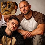 Three dogs of different sizes and breeds pose calmly indoors on a wooden floor, with a colorful yin-yang patterned blanket in the background. The lighting is warm and cozy, capturing the dogs' expressions and textures of their fur clearly.