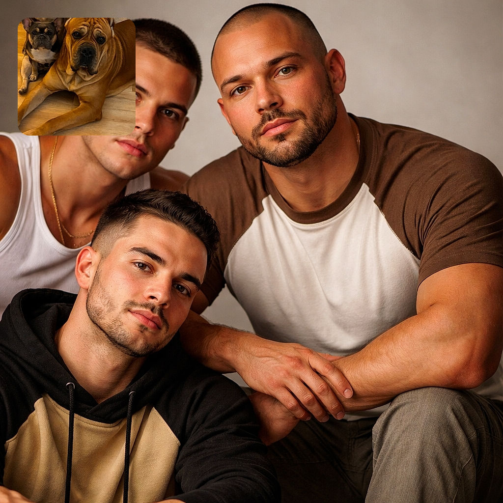 Three dogs of different sizes and breeds pose calmly indoors on a wooden floor, with a colorful yin-yang patterned blanket in the background. The lighting is warm and cozy, capturing the dogs' expressions and textures of their fur clearly.