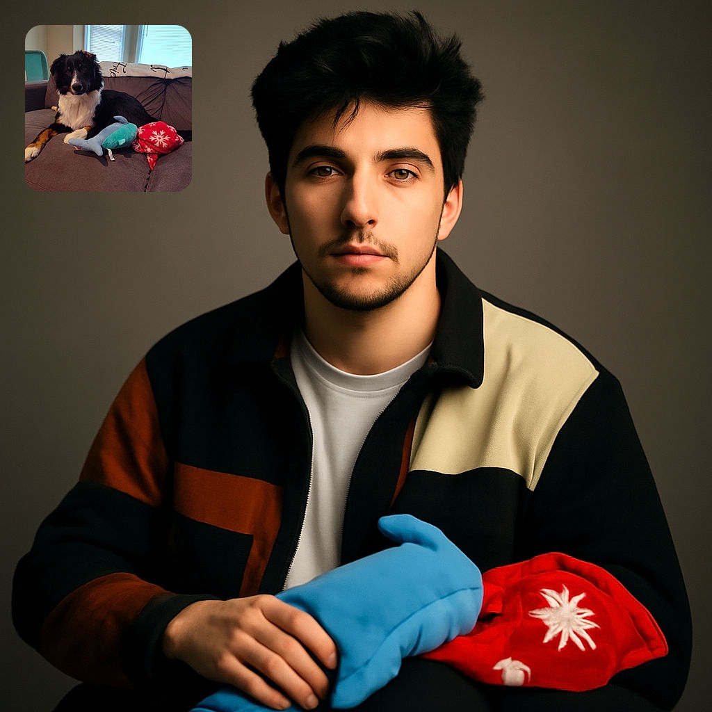 A fluffy black and white dog lounges comfortably on a gray couch, surrounded by a cozy red snowflake blanket and a plush blue shark toy, with soft window light illuminating the scene.