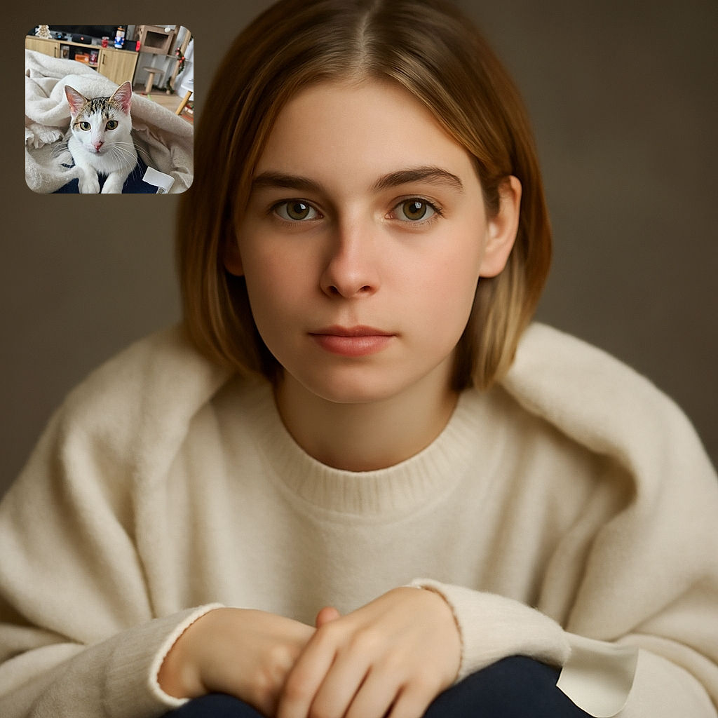 A curious cat nestled comfortably in a cozy blanket, peering up with wide, attentive eyes in a warmly lit living room filled with festive decorations and a cat tree in the background.