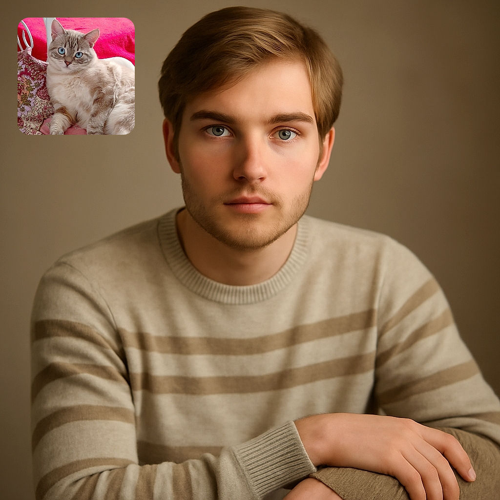 A fluffy cream-colored cat with striking blue eyes lounges elegantly on a patterned pink and red fabric, looking curiously at the camera with an air of regal relaxation.