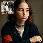 A close-up shot of a tricolor dog chewing on a stick indoors, with cozy furniture and a soft carpet in the background, capturing a candid and relaxed moment.
