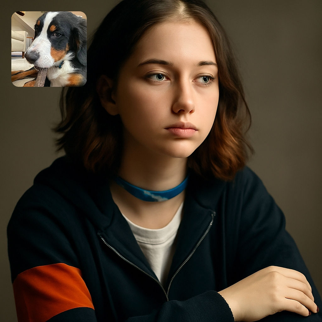 A close-up shot of a tricolor dog chewing on a stick indoors, with cozy furniture and a soft carpet in the background, capturing a candid and relaxed moment.