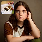 A fluffy Saint Bernard puppy is snoozing peacefully on a textured white blanket, with a tattooed arm gently resting nearby, creating a cozy and heartwarming scene.