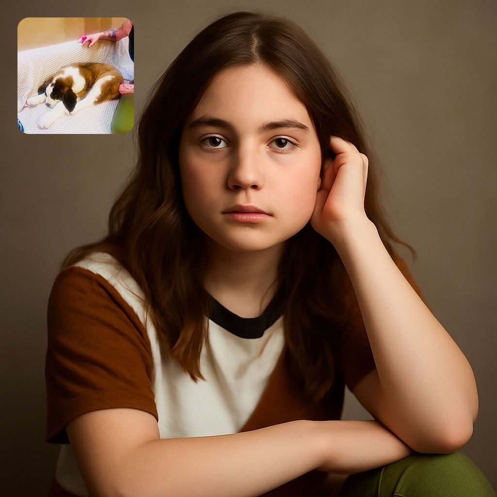 A fluffy Saint Bernard puppy is snoozing peacefully on a textured white blanket, with a tattooed arm gently resting nearby, creating a cozy and heartwarming scene.