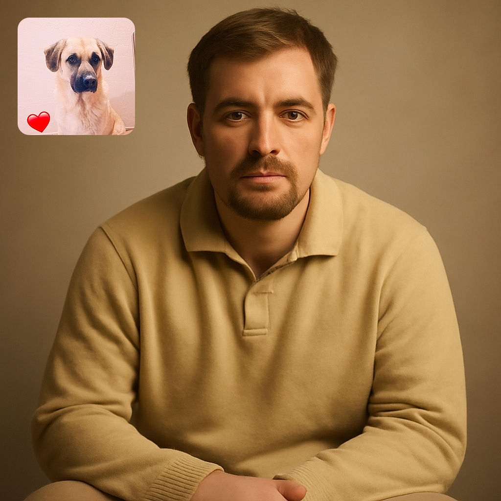 A charming dog with soulful eyes sits patiently on a tiled floor against a textured pale wall. A bright red heart emoji floats nearby, adding a touch of love and warmth to the cozy indoor scene.