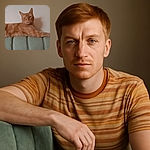 A relaxed ginger cat lounges on the backrest of a soft green couch, casting a shadow on the plain wall behind. The cat's expression is calm and slightly curious, while a person's shoulder partially enters the frame, adding a casual homey vibe.
