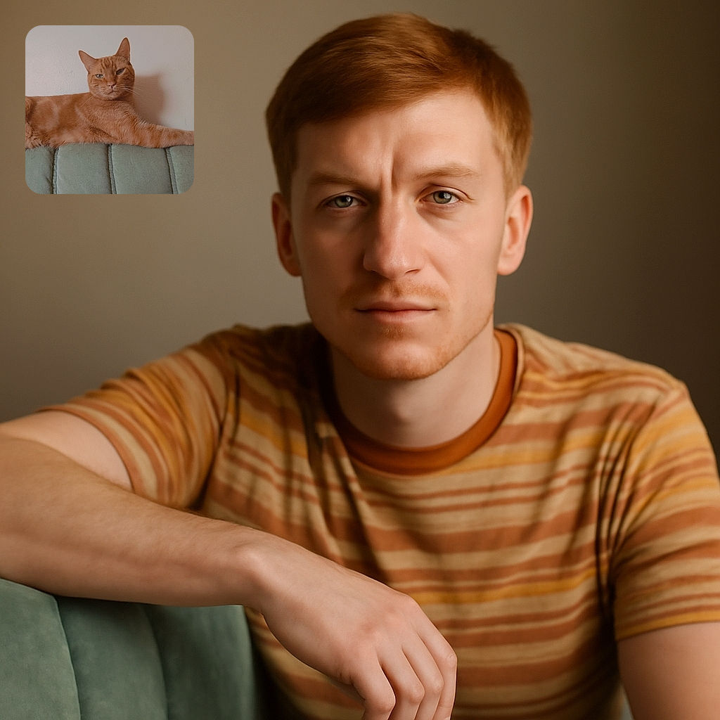 A relaxed ginger cat lounges on the backrest of a soft green couch, casting a shadow on the plain wall behind. The cat's expression is calm and slightly curious, while a person's shoulder partially enters the frame, adding a casual homey vibe.