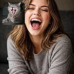 A fluffy gray tabby cat caught mid-yawn, mouth wide open showing sharp teeth and pink tongue, eyes closed in pure relaxation, lounging comfortably on a textured dark gray couch.