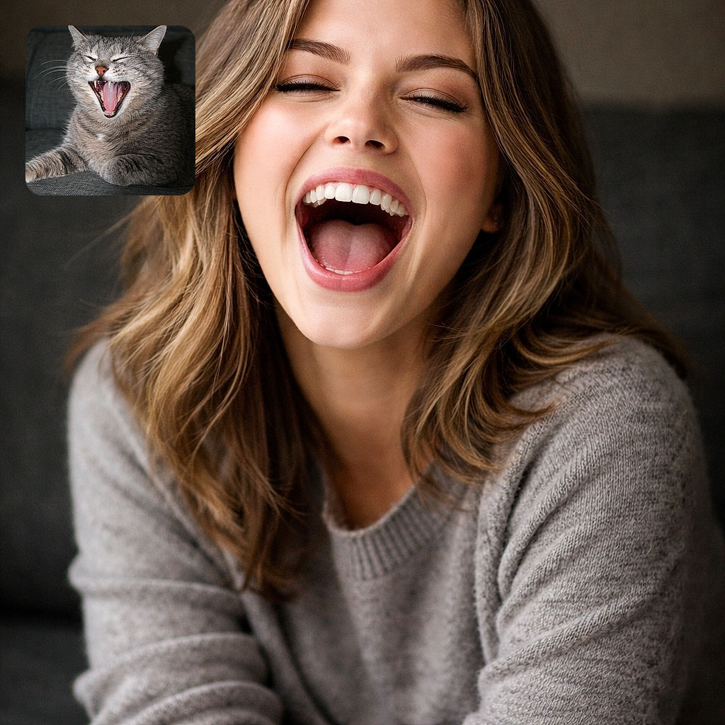 A fluffy gray tabby cat caught mid-yawn, mouth wide open showing sharp teeth and pink tongue, eyes closed in pure relaxation, lounging comfortably on a textured dark gray couch.