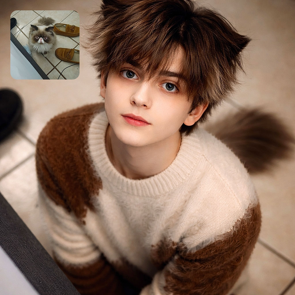 A fluffy, wide-eyed Persian/Himalayan cat stares up like it's plotting a cuddle heist — surrounded by slippers on tile, tail fluffed and utterly unimpressed with human footwear choices.