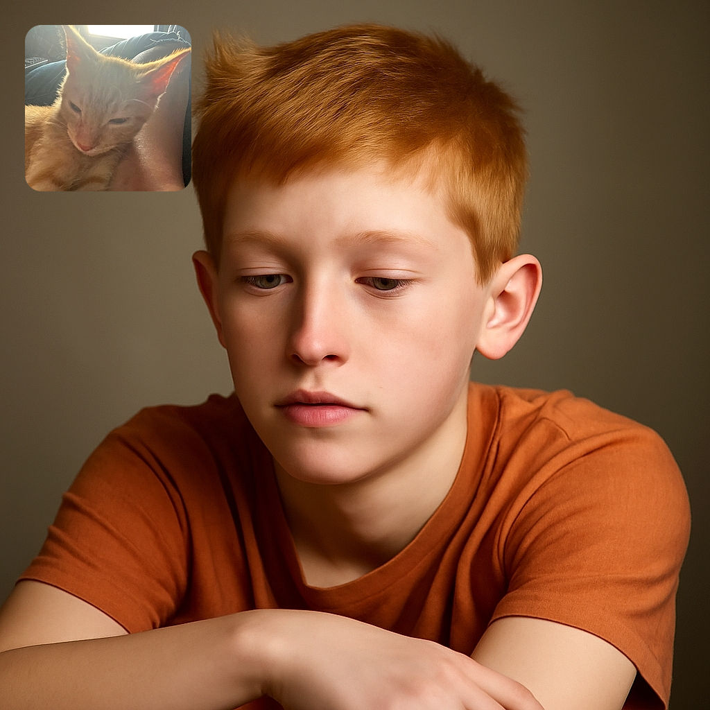 A sleepy orange tabby cat cozily nestled against a person's arm, with soft natural light coming from a nearby window creating a warm, hazy atmosphere. The background shows a remote control and some fabric, adding a casual home vibe.