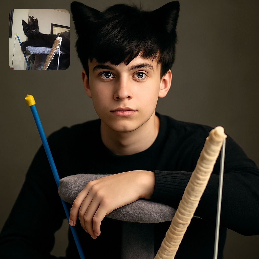 A sleek black cat lounges on a gray carpeted cat tree, eyes wide and curious, with various cat toys hanging nearby and a cozy indoor background.