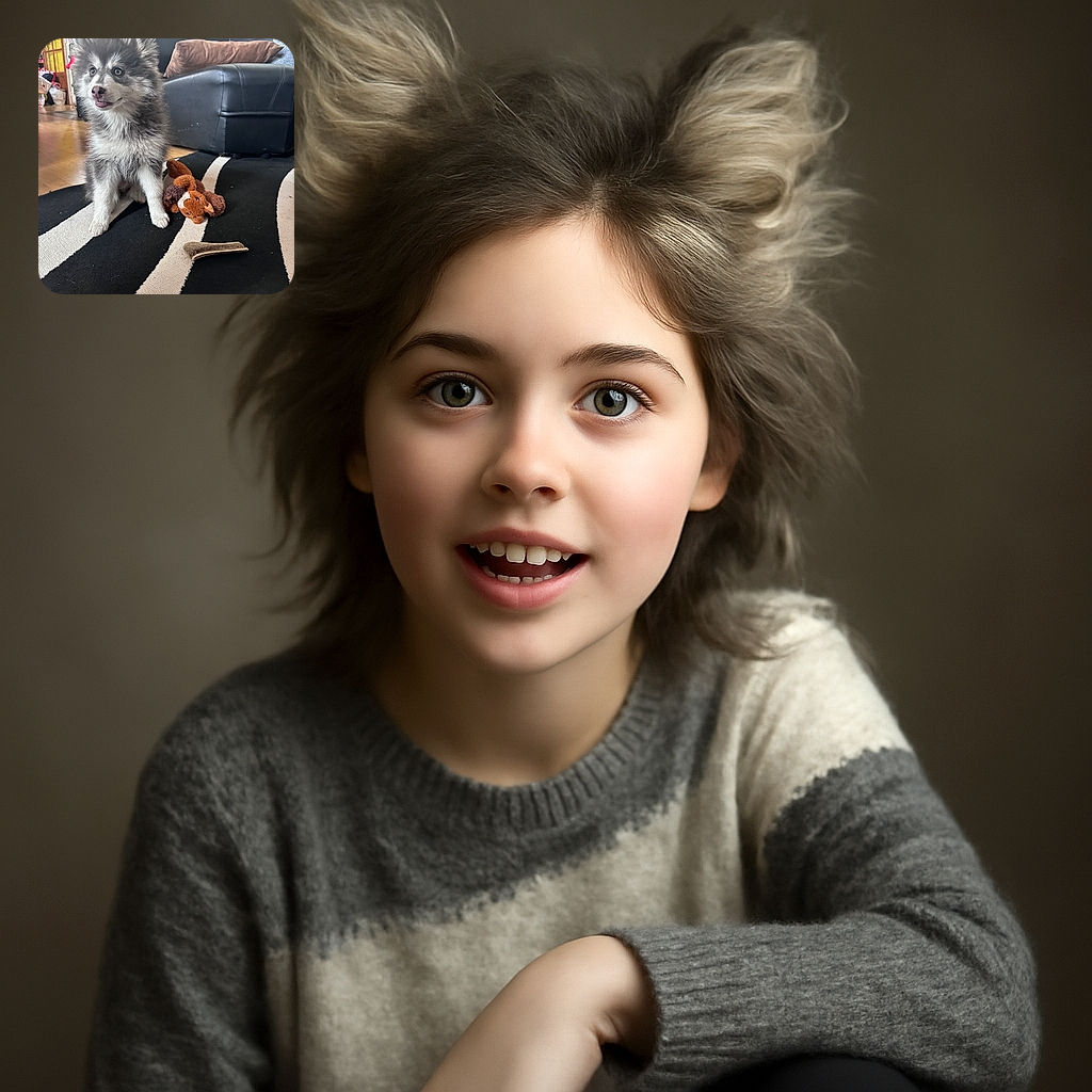 A fluffy, wide-eyed puppy sits attentively on a black and white striped rug, with a plush squirrel toy and a chew bone nearby. The cozy living room background features a black leather couch with cushions, creating a warm and inviting atmosphere for this playful pup.