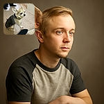 A small Chihuahua dog sitting on a beige carpet indoors, looking slightly to the side with large curious eyes. The setting includes legs of people nearby wearing socks, and a decorative piece of furniture in the background.