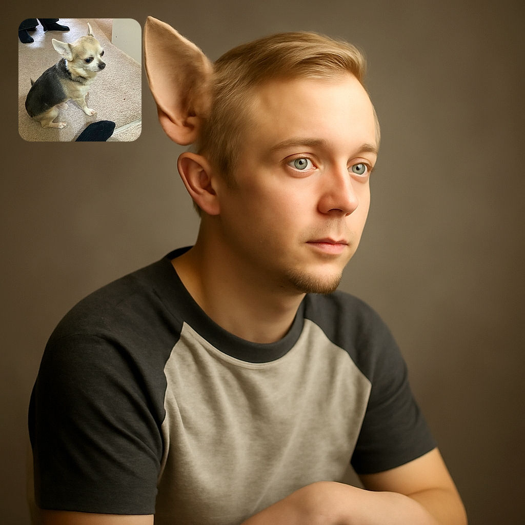 A small Chihuahua dog sitting on a beige carpet indoors, looking slightly to the side with large curious eyes. The setting includes legs of people nearby wearing socks, and a decorative piece of furniture in the background.