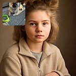 A fluffy dog lounges on a sunlit stone patio next to a bright green chew toy, looking curiously at the camera with a soft expression and ears perked up.