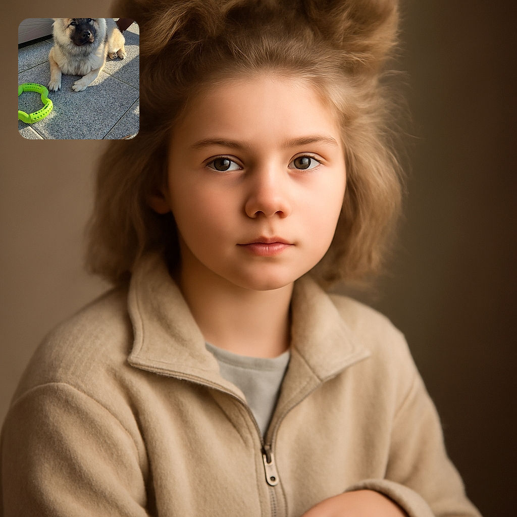 A fluffy dog lounges on a sunlit stone patio next to a bright green chew toy, looking curiously at the camera with a soft expression and ears perked up.