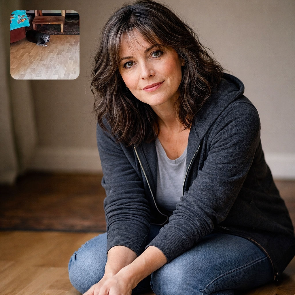 A small, grey-muzzled dog is curled on the hardwood floor near a low wooden step, peeking up at the camera with a guilty/curious expression while a bright blue blanket hangs over furniture nearby.