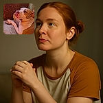 A cozy close-up of a thoughtful dog lounging on a soft beige cushion, gazing off with soulful eyes against a richly textured wooden background. The warm lighting highlights the dog's gentle expression and smooth fur, capturing a quiet, contemplative moment.