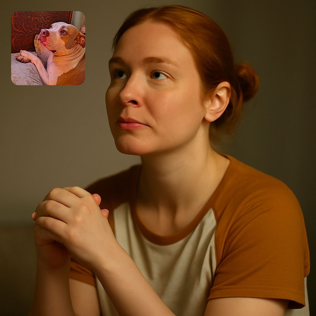 A cozy close-up of a thoughtful dog lounging on a soft beige cushion, gazing off with soulful eyes against a richly textured wooden background. The warm lighting highlights the dog's gentle expression and smooth fur, capturing a quiet, contemplative moment.