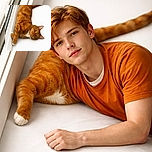 A charming ginger cat lounges sideways against a window frame on a pristine white surface, its curious amber eyes looking directly at the camera with a relaxed and slightly playful expression.