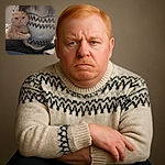 A blurry photo shows a person wearing a patterned sweater holding a ginger cat. The cat looks slightly grumpy, and the cozy indoor setting includes patterned pillows in the background.