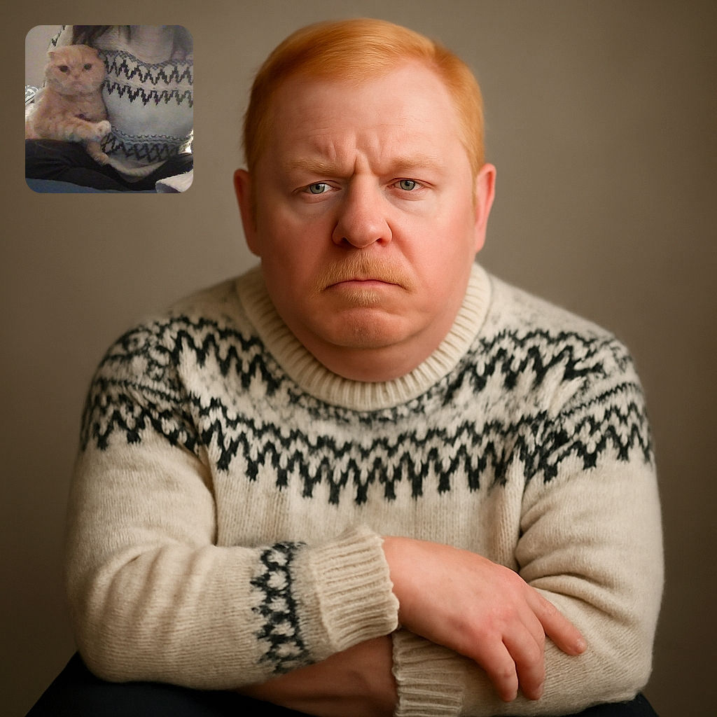 A blurry photo shows a person wearing a patterned sweater holding a ginger cat. The cat looks slightly grumpy, and the cozy indoor setting includes patterned pillows in the background.