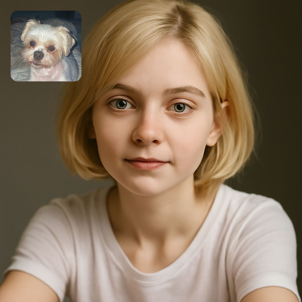A cute small dog with white and light brown fur is lying on a white quilt, looking directly at the camera with a calm and gentle expression. The background is dimly lit, emphasizing the dog's face and soft fur texture.