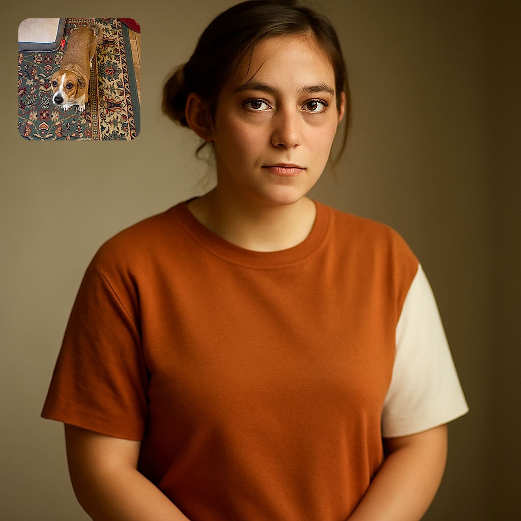 A curious dog with big, soulful eyes looks up from a richly patterned rug next to a cozy dog bed, as if wondering if it's time for a walk or a treat.