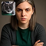 A close-up photo of a gray and white cat with yellow eyes staring intently, perched comfortably on a person's lap wearing a green shirt. The background is softly blurred, highlighting the cat's whiskers and fur details.