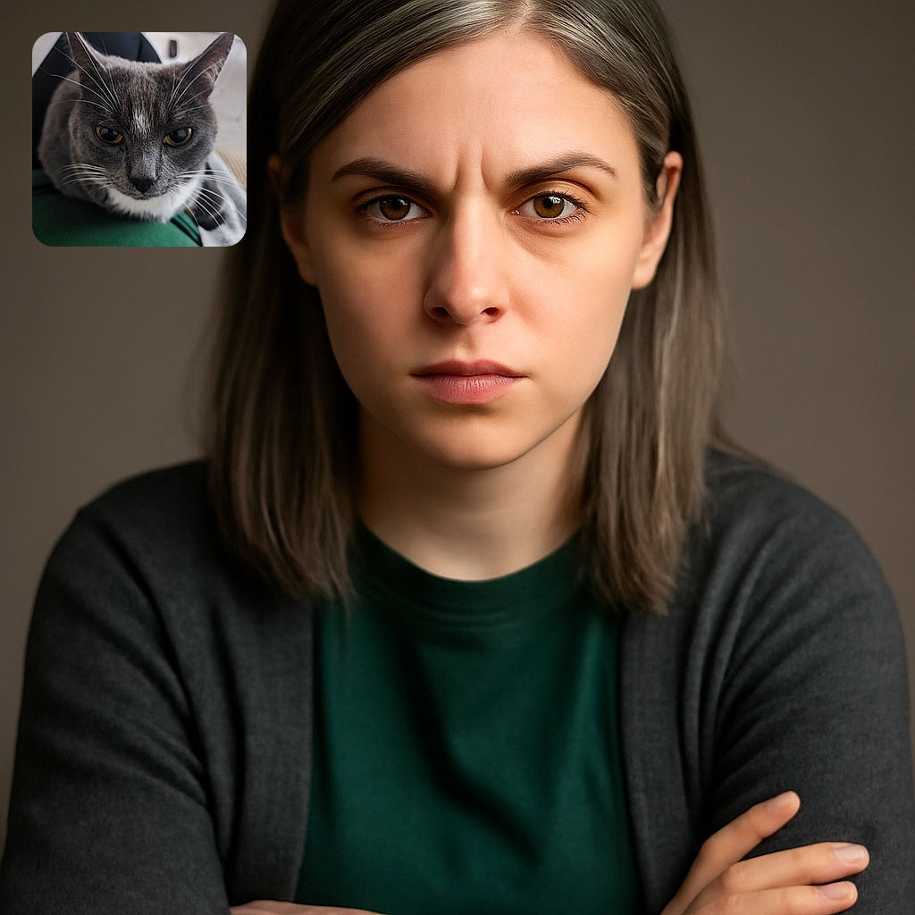 A close-up photo of a gray and white cat with yellow eyes staring intently, perched comfortably on a person's lap wearing a green shirt. The background is softly blurred, highlighting the cat's whiskers and fur details.
