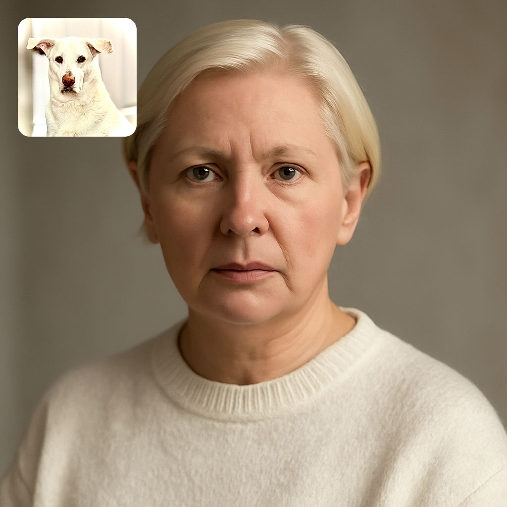 A close-up portrait of a white dog with soulful dark eyes and floppy ears, set against a softly blurred neutral background, capturing a calm and contemplative expression.