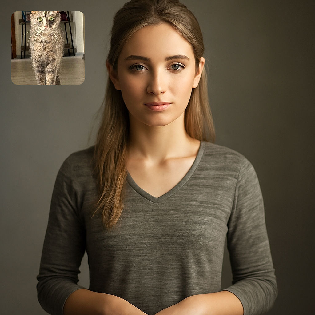 A curious tabby cat stands confidently on a smooth floor, eyes wide and alert, with a cozy bookshelf and framed photo softly blurred in the background, capturing a perfect moment of feline poise.
