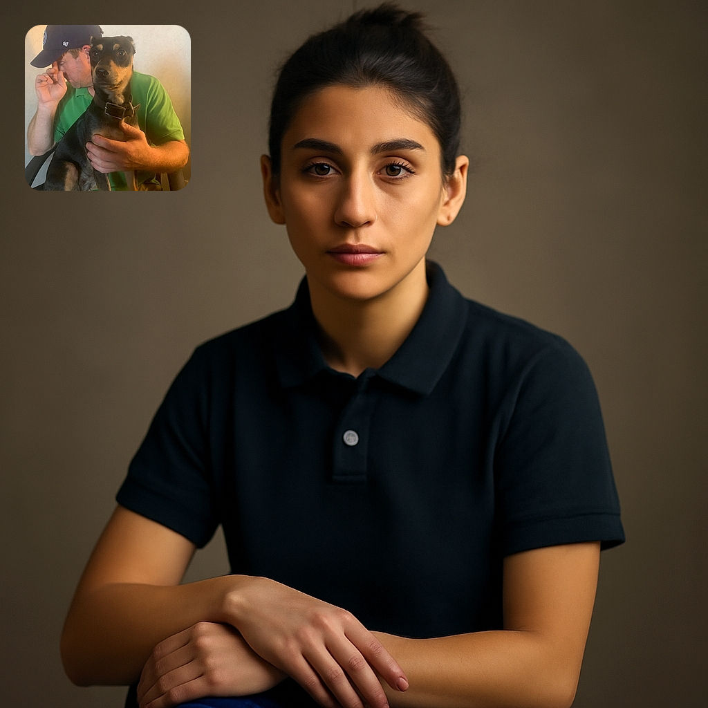 A man in a green polo and navy cap sits holding a serious-looking dog with a black and tan coat. The dog stares intently at the camera while the man looks away, seemingly adjusting his cap. The warm indoor lighting gives the scene a cozy, candid feel.