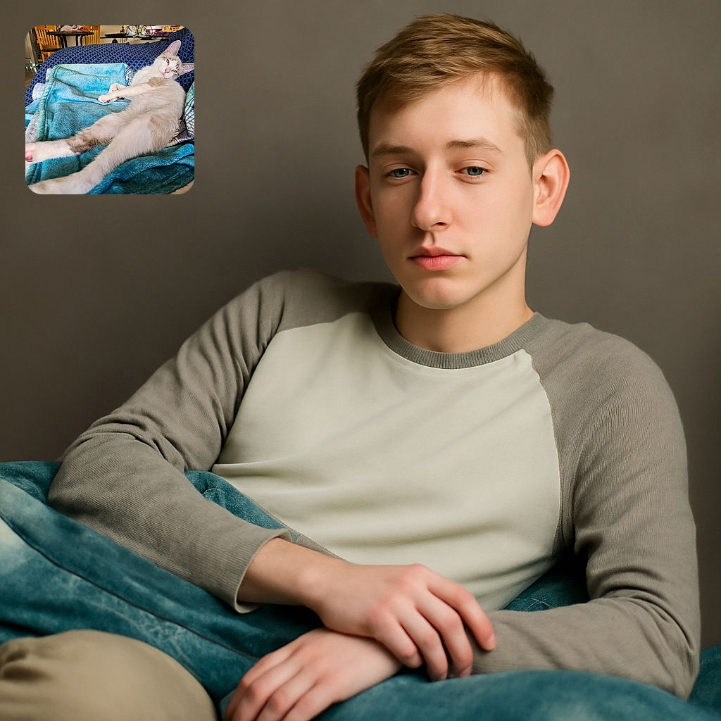 A relaxed cat sprawled out lazily on a cozy blue blanket draped over a patterned couch, with a slightly amused or sleepy expression, set in a lived-in room featuring wooden chairs, a table with glasses, and various household items in the background.