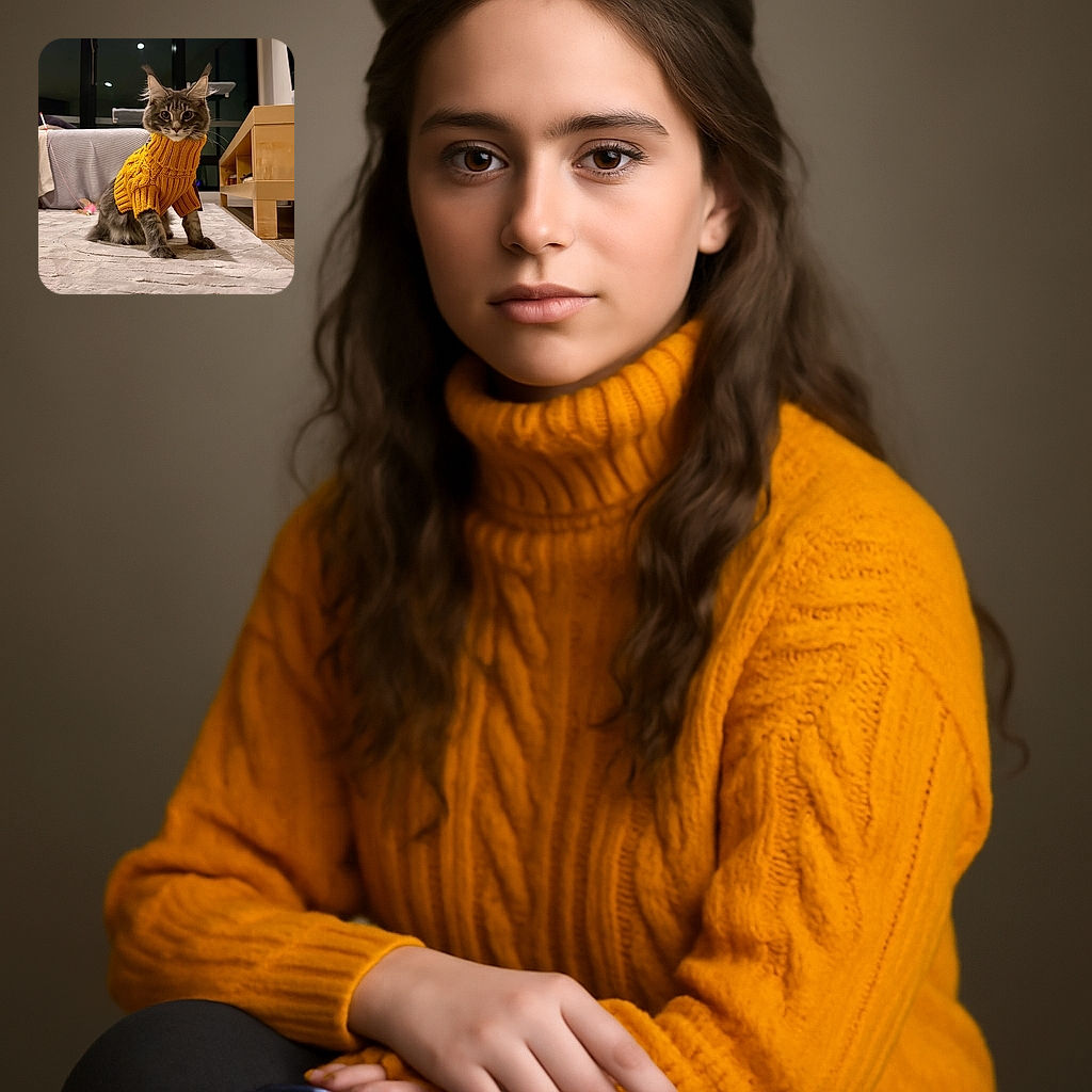 A fluffy gray cat wearing a cozy yellow knitted sweater sits attentively on a soft carpet in a modern living room, with a playful feather toy and furniture in the background, giving off a warm and stylish vibe.